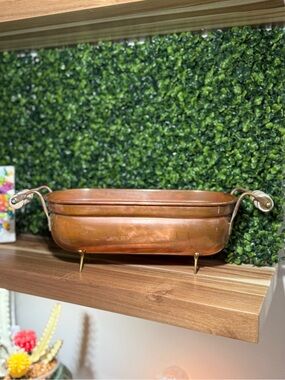 Vtg copper brass jardiniere planter Delft porcelain handles